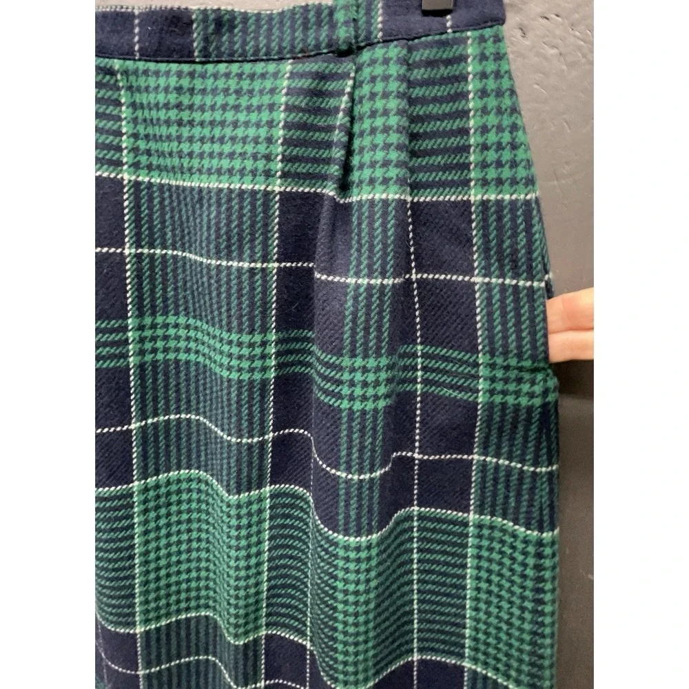 Vintage Wool Skirt 8 Blue Green Tartan Plaid Pleated Midi‎ Pocket Preppy Classic